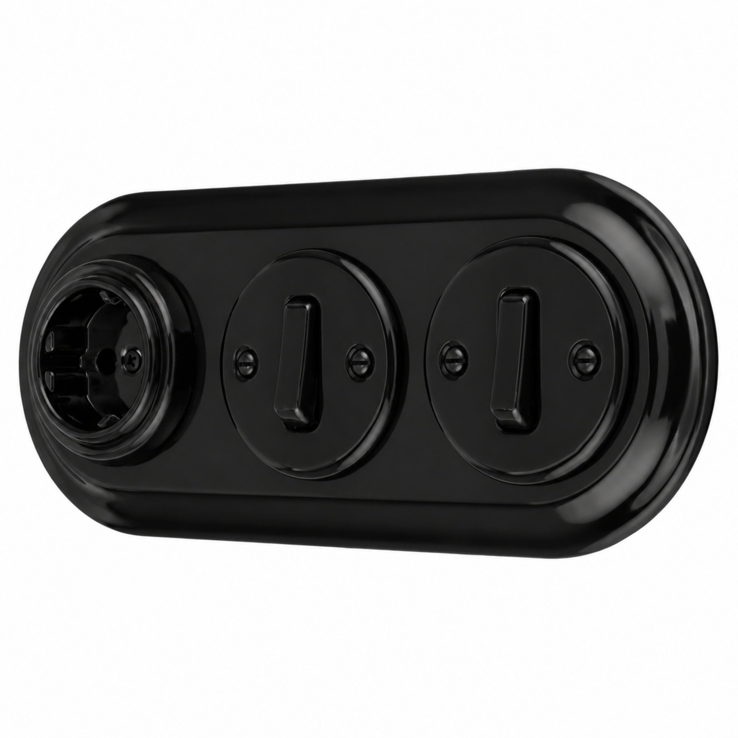 Unterputz Porzellan Retro Steckdose, Schalter, 3-fach, All-in-One, SET Serie PR1 schwarz