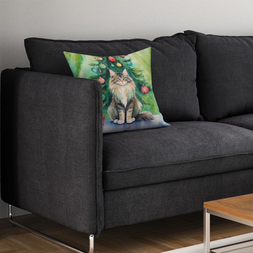 Caroline's Treasures MaineCoon Cat by The Christmas Tree Throw Pillow Machine Washable, Indoor Outdoor Decorative Pillow for Couch, Bed or Patio, 14Hx14W