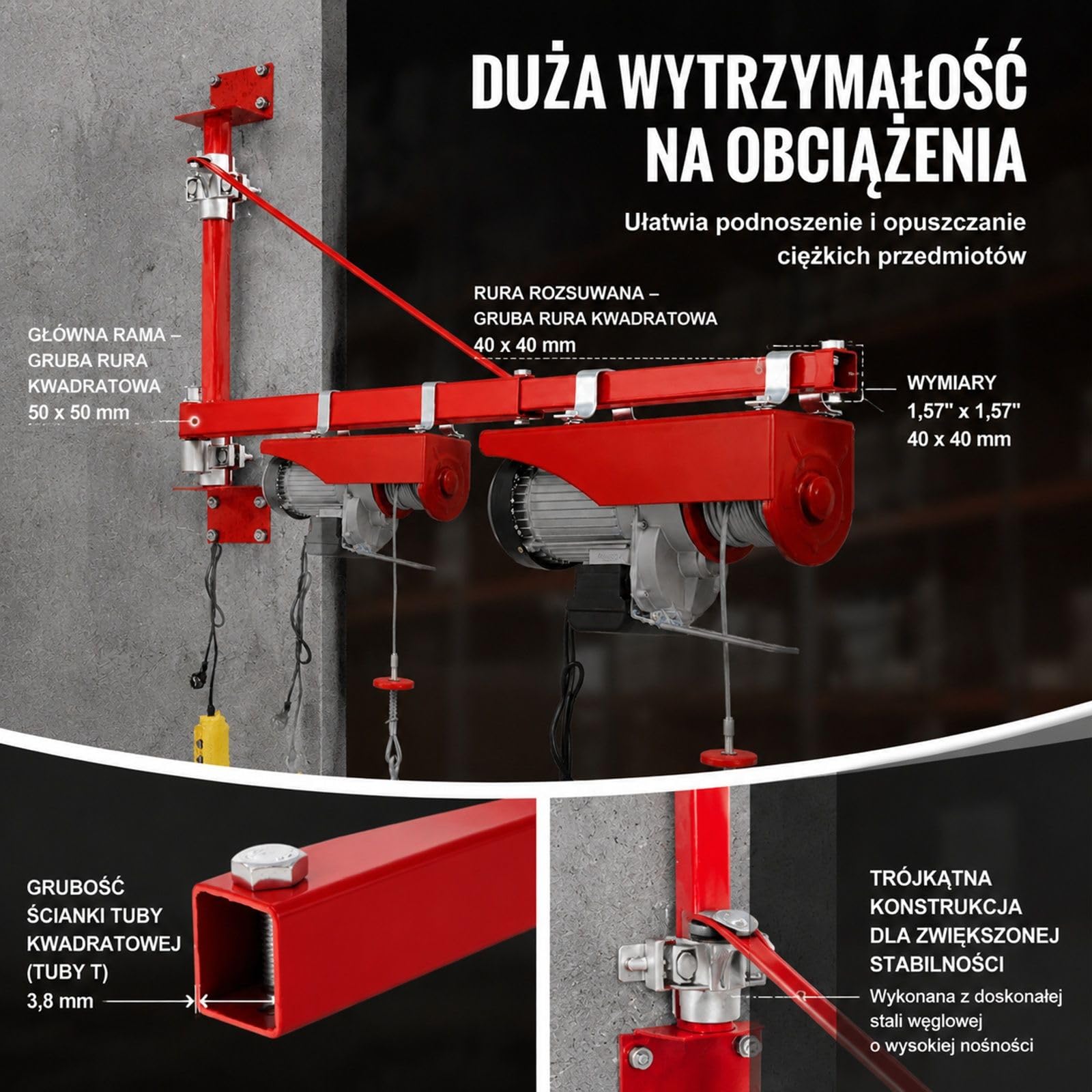 Ramię podporowe do podnośnika elektrycznego ze stali węglowej, udźwig 600 kg, obrót 180°, do warsztatu i garażu