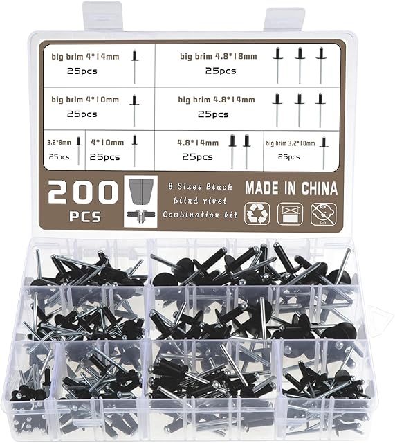 KEESIN 200 PCS Aluminum Rivet Black Blind Rivets Fasteners Assortment Kit Large Flange Rivet Open End Blind Rivets with Storage Box M3.2 M4 M4.8 for Furniture Machinery Electrical appliances