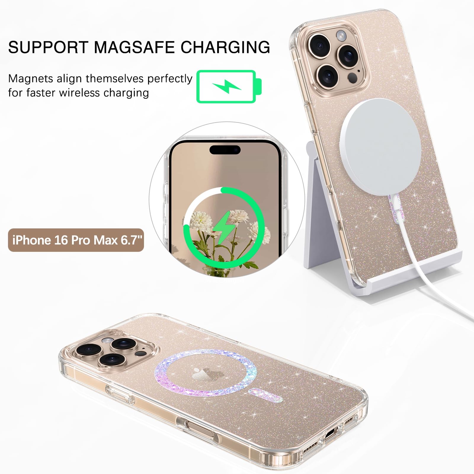 BENTOBEN Custodia IPhone 16 Pro Max Con MagSafe: Glitter Magnetico Traslucido Antigraffio - Arancione Trasparente