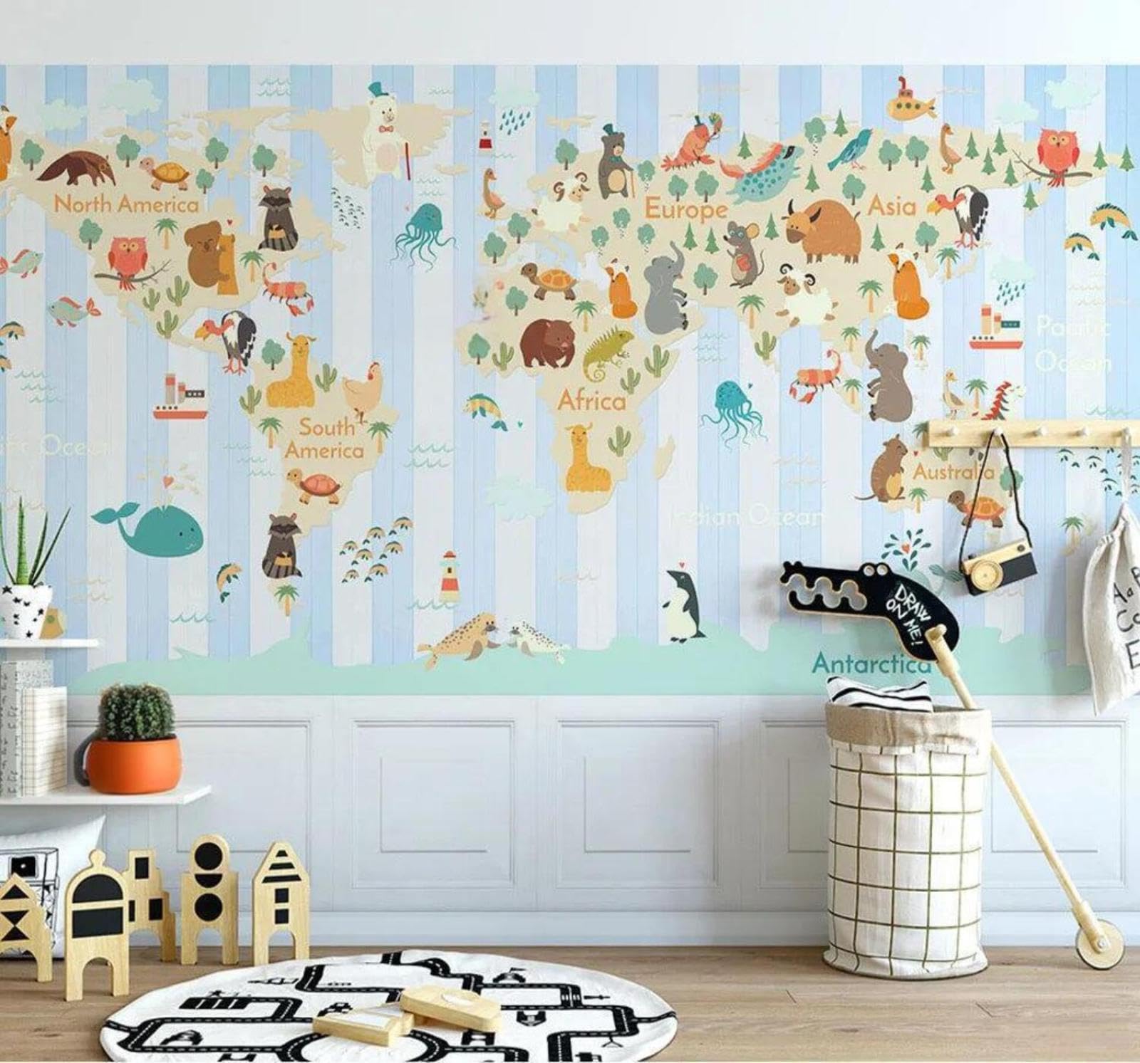 Wallpaper-3D-Xlm 350Cm×256Cm(B×H) Fresh Cartoon Abstract World Map Animals 3D Wallpaper Easy Install Feature Office Living Room Sofa Bedroom Tv Background Wall Decoration-350Cm×256Cm