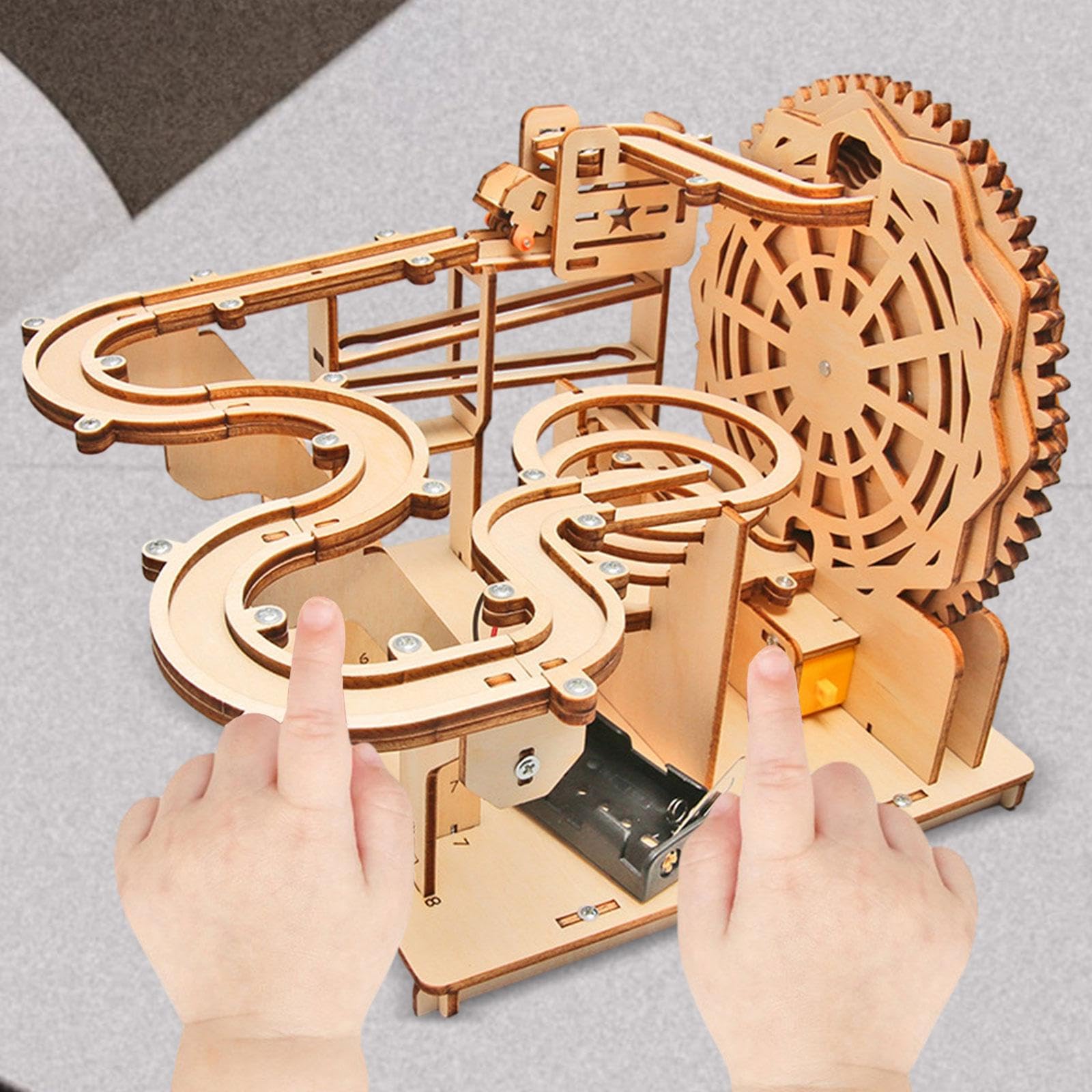 Marblebahn 3D Holzpuzzle Mechanisches Kugelbahn Modell Rollercoaster Bastelspiel Elektrischer Bausatz Aus Holz mit Interaktiver Montage für Erwachsene