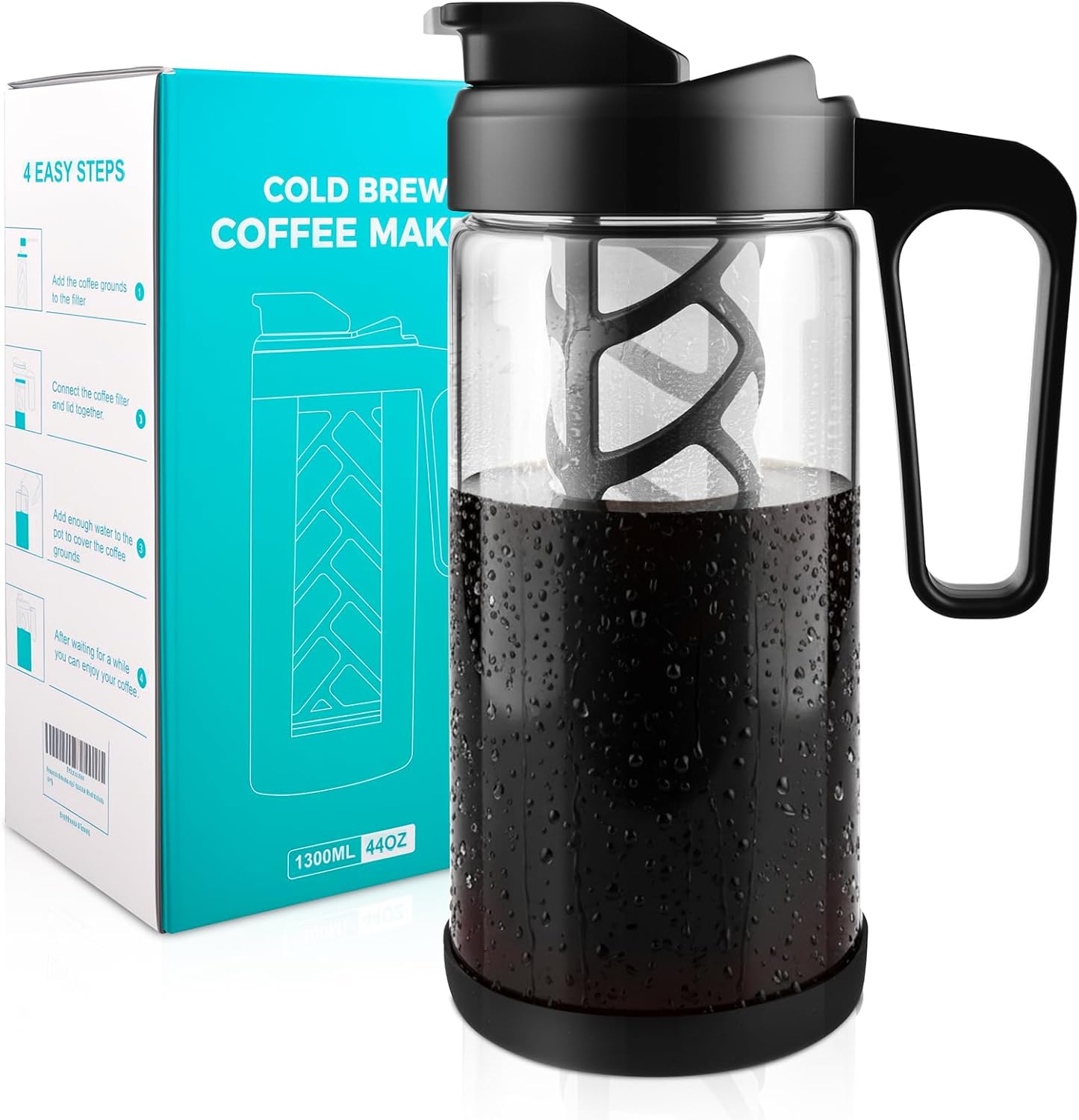 wedrink 44oz Cold Brew Coffee Maker, 1.3L Borosilicate Glass Cold Brew Pitcher with Comfortable Handle, Removable Filter & Anti-Slip Silicone Bottom