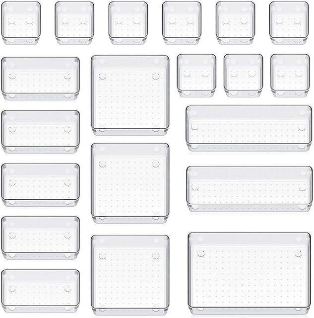 Set of 20 Desk Drawer Organizer, Clear Storage Trays Assorted 5-Size Drawer Dividers, Versatile Drawer Organizer Makeup Organiser Set for Dressing Table Desk Office Bathroom Kitchen