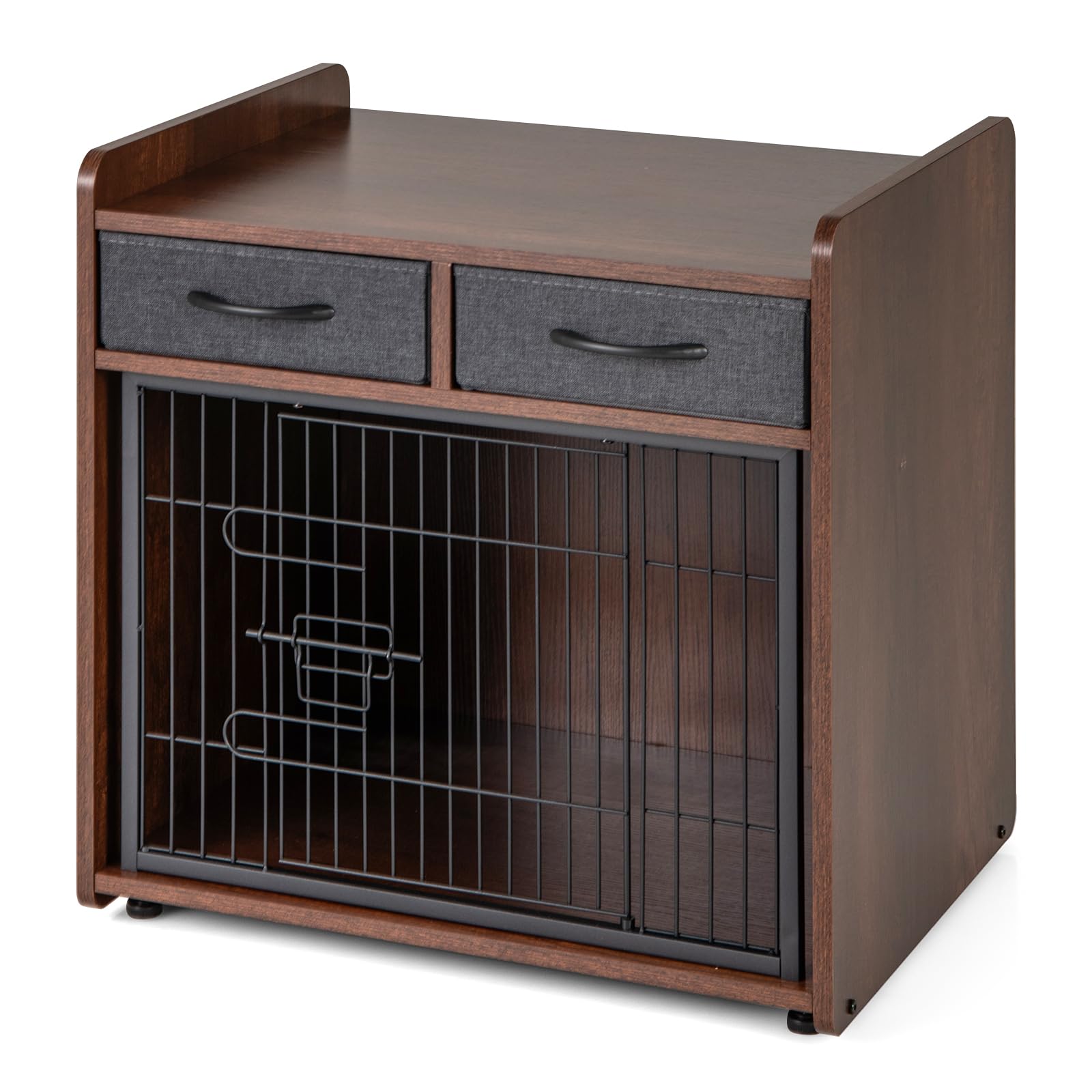GOPLUS Caisse pour Chien en Bois avec 2 Tiroirs en Tissu, Porte Verrouillable, Meuble pour Chenil Intérieur, Cage Robuste pour Petits et Moyens Chiens, Style Moderne