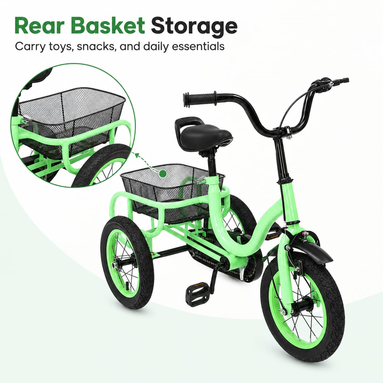 Triciclo infantil de 12 pulgadas, bicicleta infantil con engranaje de entrada, triciclo de carga hasta 25 kg, patinete infantil con pedales antideslizantes, estructura estable para triciclos, para