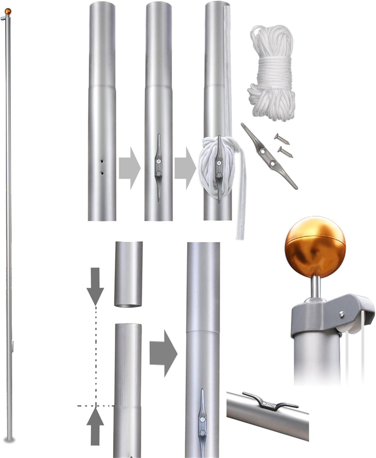 F2C 16FT Sectional Flagpole Kit Outdoor Halyard Pole W/ 1 US 3'x5' Flag