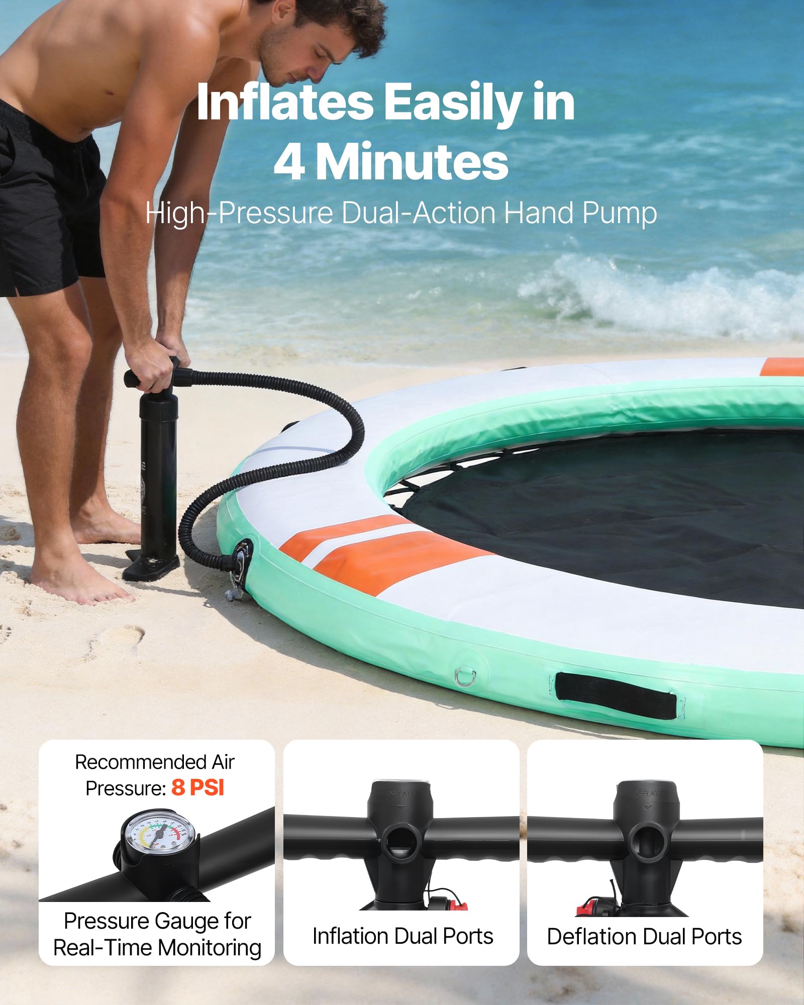 VEVOR Colchoneta para Piscina, Diámetro de 2,44 m, Flotador Inflable Redondo, con Malla Escalera Desmontable Toldo Parasol Bolsa de Transporte, Hamaca Inflable Isla de Agua para Piscina Playa Lago