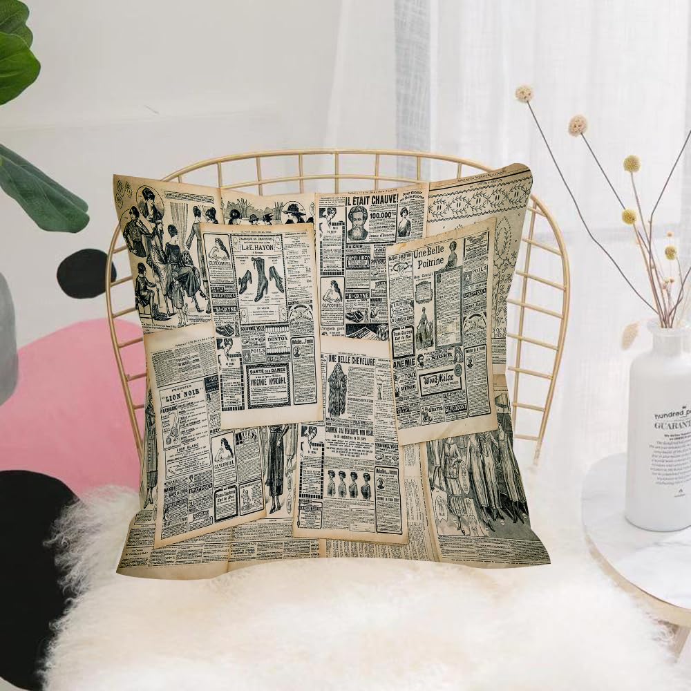 HYOSXW Cushion Cover,Throw Pillow Case Home Decorative for Living Room Bedroom Sofa Chair 16X16 Inch,Antique vintage style layered sepia toned newspaper print with old illustration,Pillowcase 40X40cm