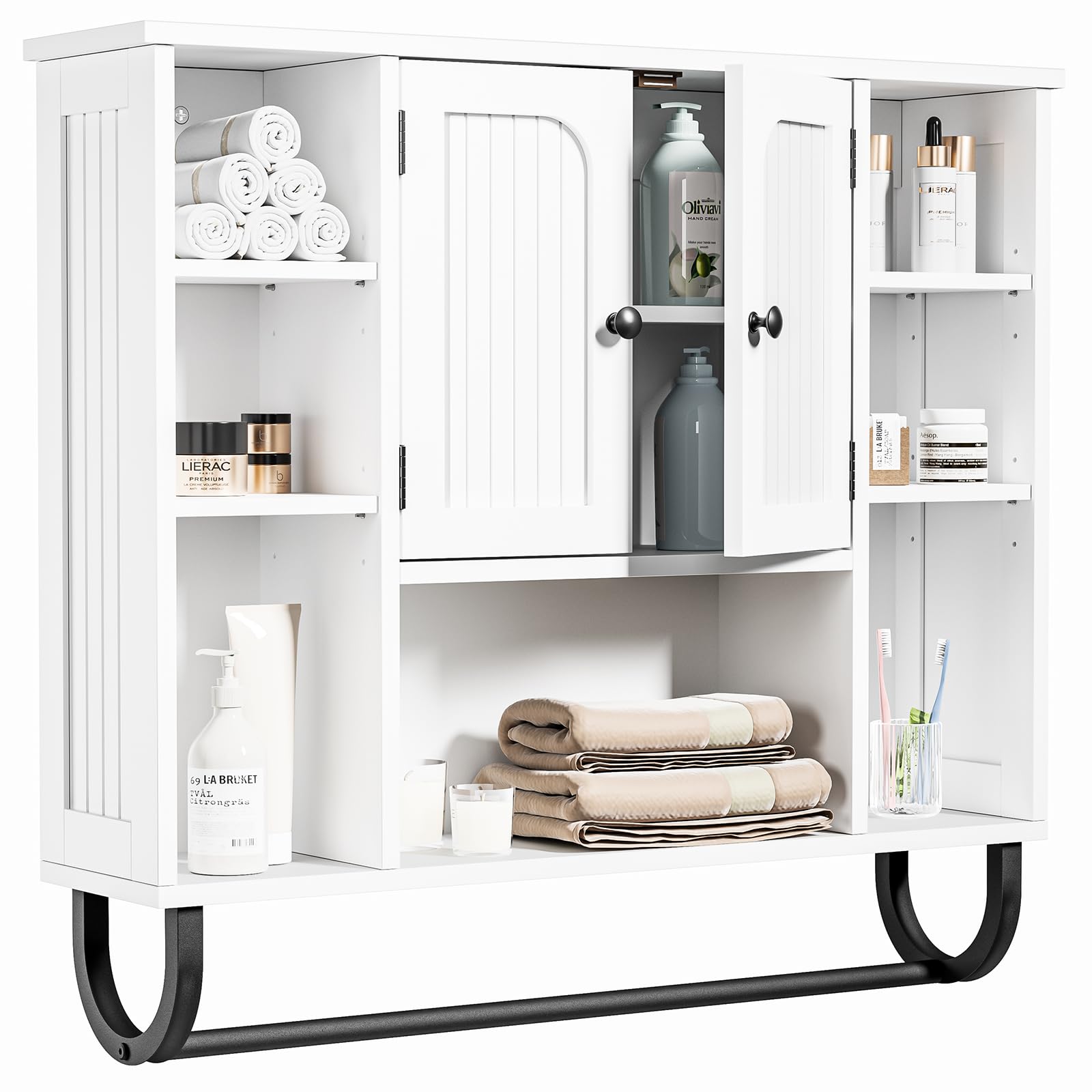 Badezimmerschrank hängend, Weißer Medizinschrank mit 2 Türen, Offener Raum und Verstellbare Regale, platzsparender Hängeschrank für Badezimmer, Küche und Wohnzimmer, 19D x 80W x 72H cm