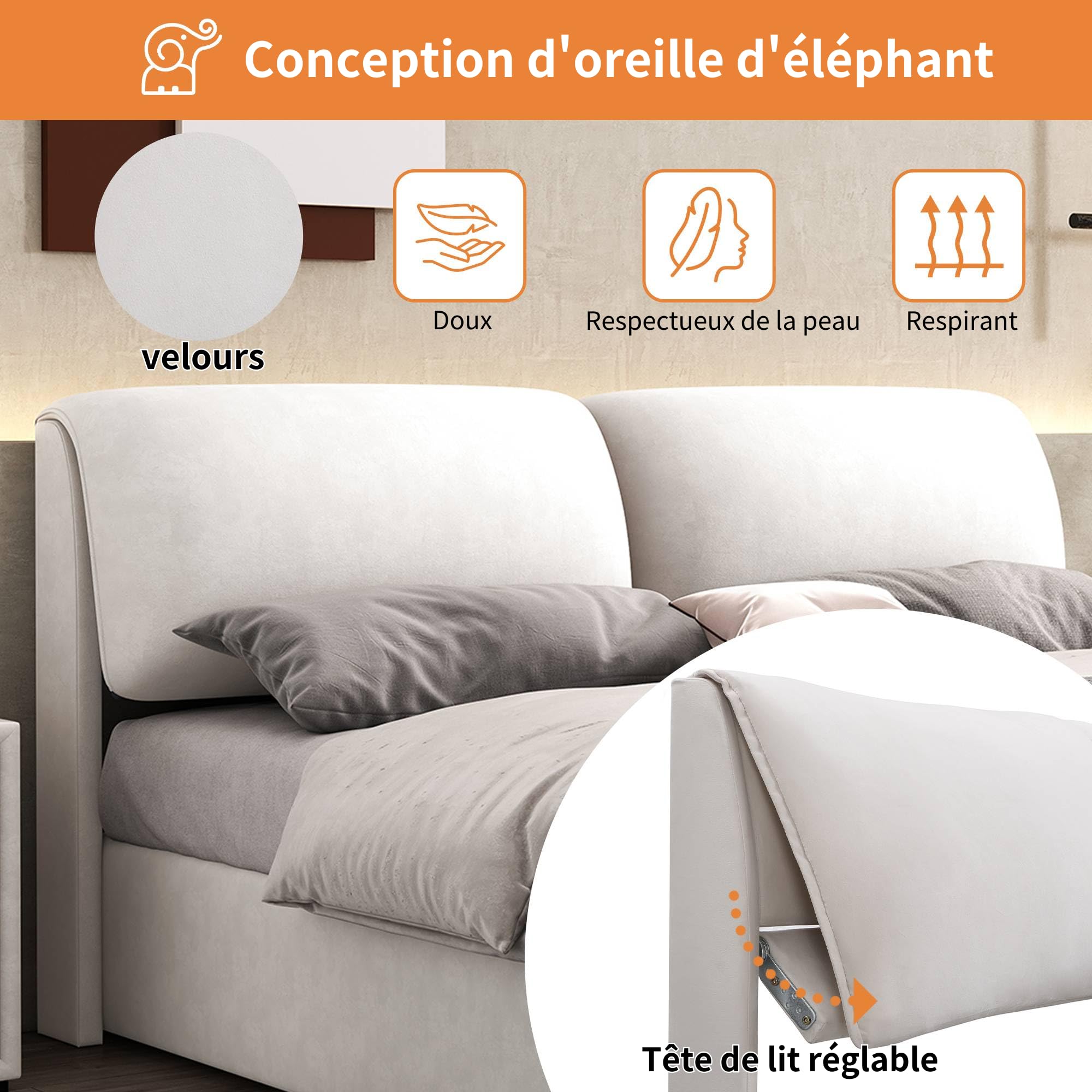 Sapgaks Lit Coffre 140 x 190 avec sommier à Lattes et Trois tiroirs,Cadre de lit 1 Personnes140 x 190 avec Rangement et tête de lit,sans Matelas,Velours,Beige