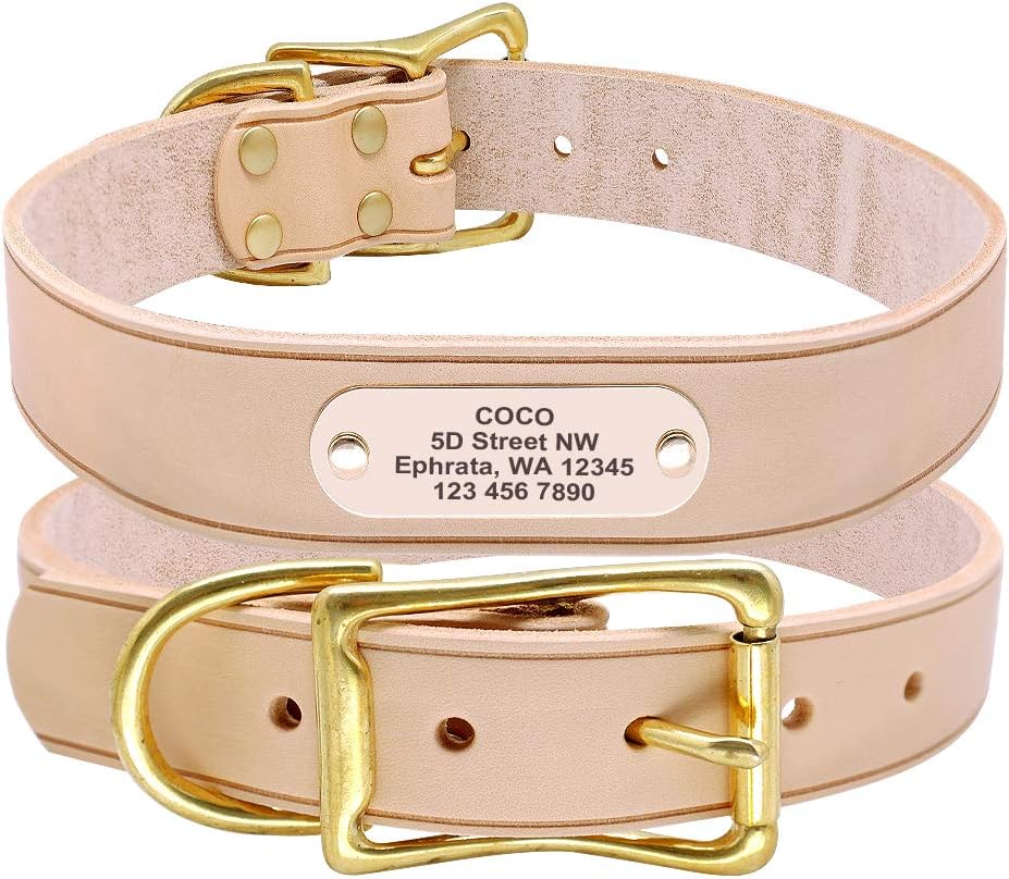 Beirui Genuine Leather Personalized Dog Collars with Nameplate ID Tags - Custom Dog Collars Engraved for Medium Large Dogs(M: 21.5" Fits 15-19" Neck, Beige)