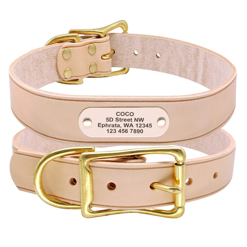Beirui Genuine Leather Personalized Dog Collars with Nameplate ID Tags - Custom Dog Collars Engraved for Medium Large Dogs(M: 21.5" Fits 15-19" Neck, Beige)