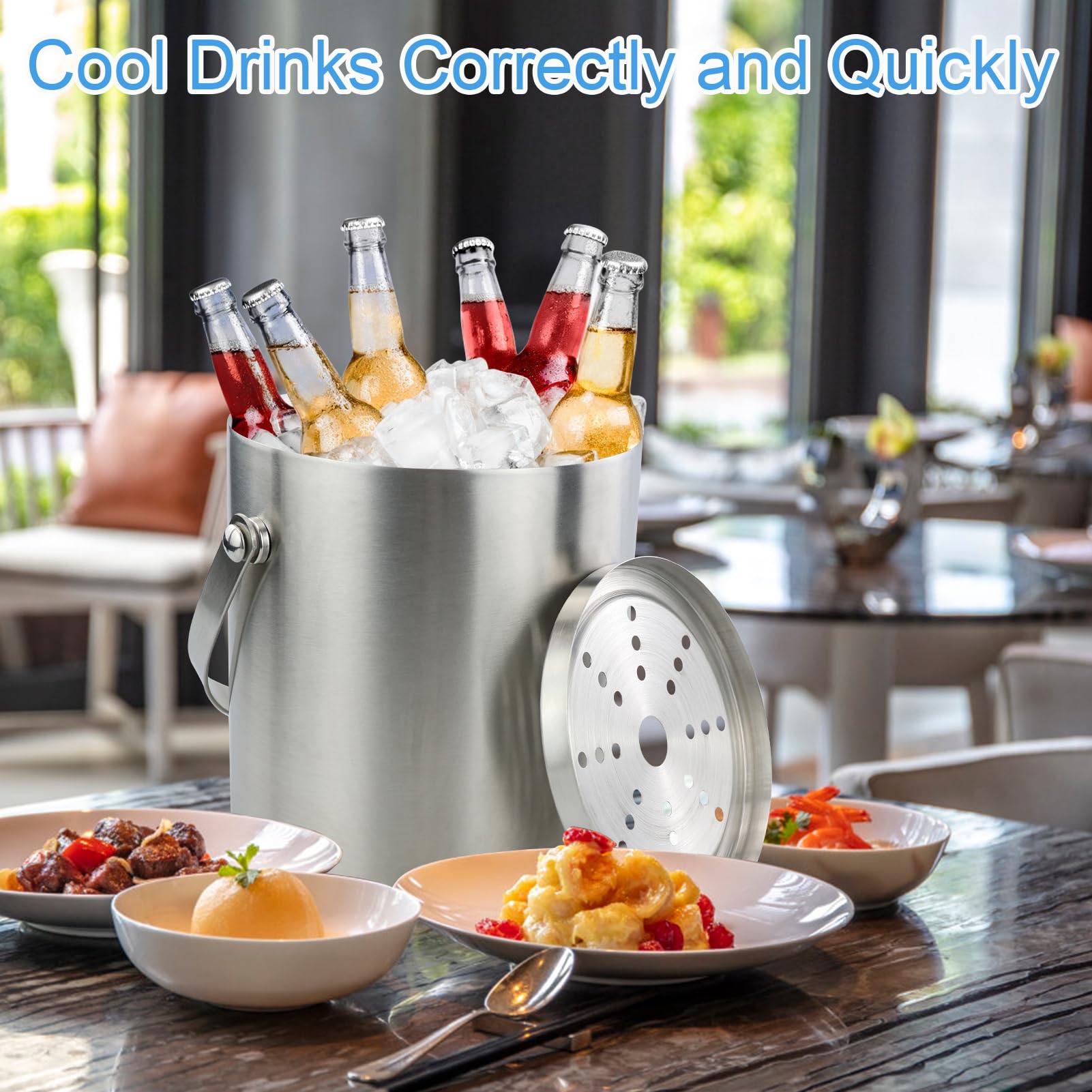 Cubiteras Acero Inoxidable, 2L Cubo de Hielo con Pinza y Tapa, Cubiteras para Hielo con Aislamiento de Doble, para Enfriador