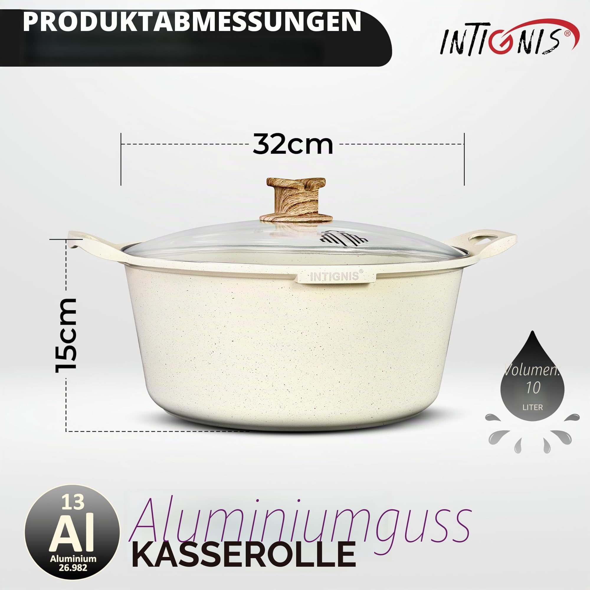 Premium Kochtopf beschichtet mit Glasdeckel – Kasserolle für alle Herdarten inkl. Induktion, schweres Aluminium, keramikbeschichtet, gesund & langlebig (Weiß, 10 Liter)