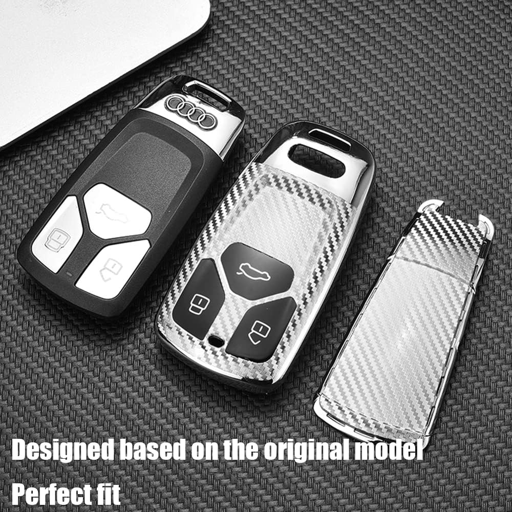 HIBEYO TPU Carbon Fiber Texture Car Key Fob Cover with Keychain fits for Audi A3 A4 A5 A6 A7 A8 B9 C8 D5 Q2 Q5 Q7 Rs4 Rs5 S4 S5 S8 Sq7 Tt Car Key Case Cover Smart Remote Car Key Holder 3 button Green