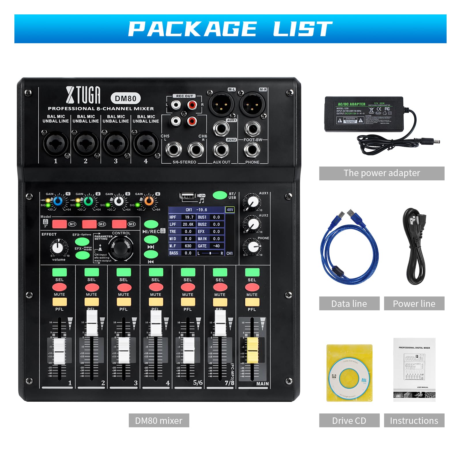 XTUGA Mixer digitale a 8 canali, multitraccia con mixer alimentato (DM80) | Qualità da studio, 24 bit/48 kHz, mixer DJ per live streaming/home studio/produzione musicale/podcast