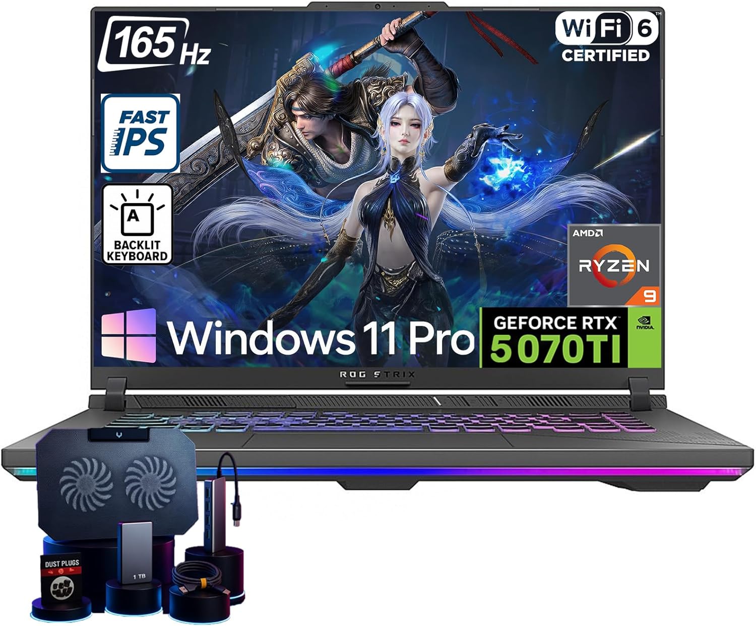 ASUS ROG Strix-G16 Gaming Laptop - AMD Ryzen 9 8940HX (Up to 5.3 GHz), NVIDIA GeForce RTX 5070 Ti, 16" 165Hz 300 nits Display, 64GB DDR5 RAM, 4TB SSD, WiFi 6E, Backlit KB, Win11 Pro, with Accessories 64GB DDR5 RAM | 4TB SSD - Image 1 of 7