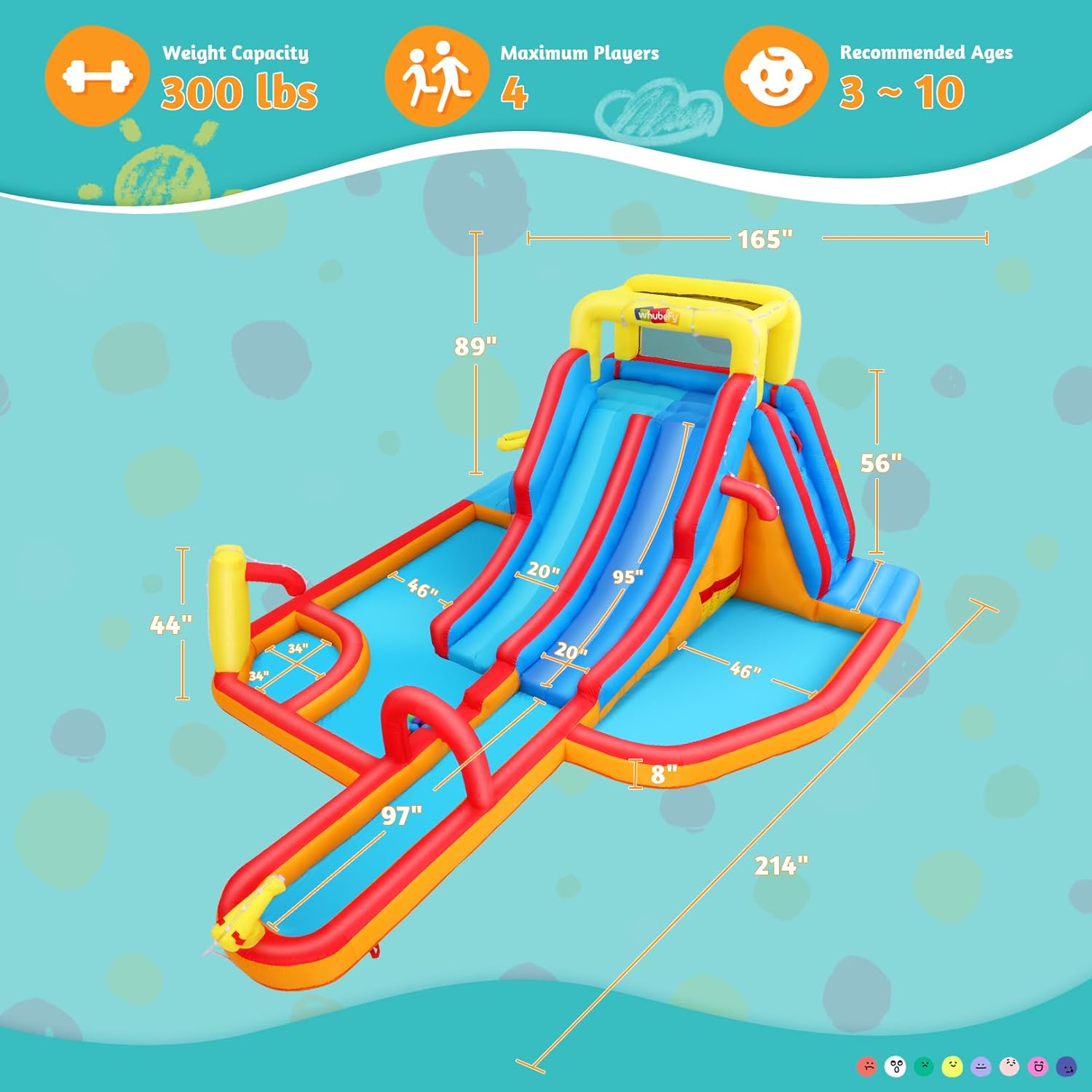 AKEYDIY Inflatable Dual-Lane Water Slide, Bounce Water Slide for Kids 3-12 - Water Park Backyard with 15ft Extra-Long Racing Slide, Climbing Wall, Pool (Holds Up to 10 Kids, 17.8 x 13.8 x 7.4 feet)