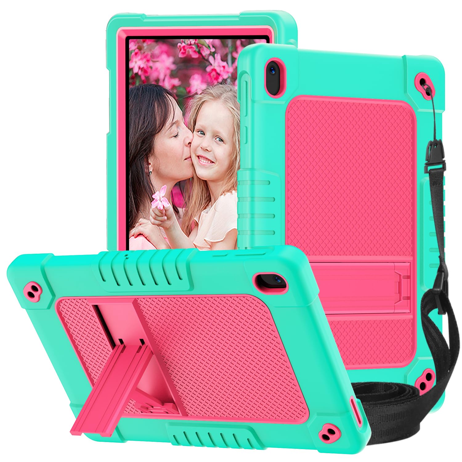 Hoibon Shockproof Tablet Case for Walmart Onn 10.1 4th Gen 2024 (100135923) Rugged Kids Friendly Case with Shoulder Strap Kickstand (GreenPink)