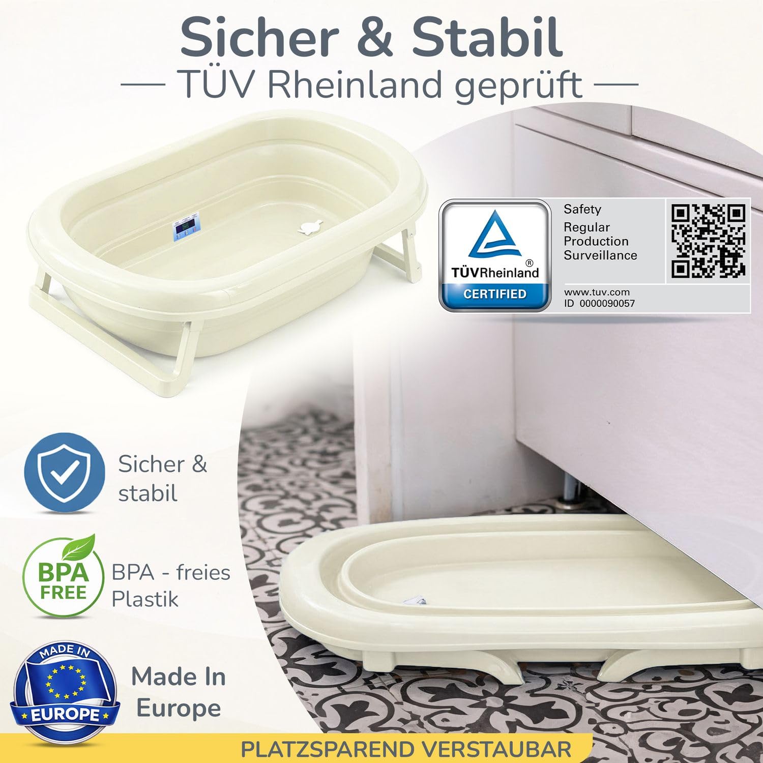 Babykajo Babybadewanne faltbar mit Ständer, Ablaufschlauch & Thermometer-Sticker, 4-teiliges Set ab Geburt, BPA-frei, EU gefertigt, 81x48x23 cm, Babywanne bis 16 Monate