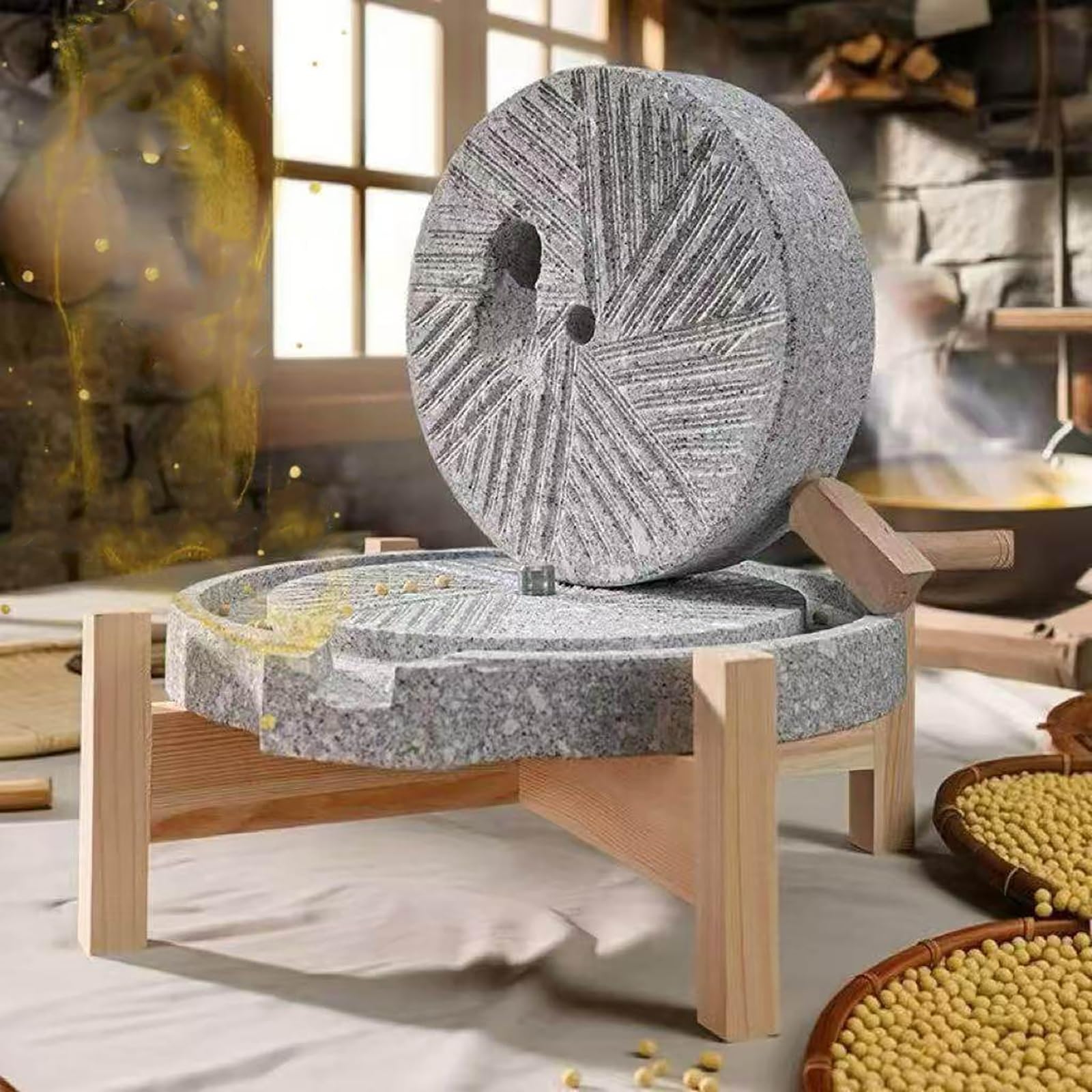 Stein Getreidemühle Handkurbel Grinder für Mehl, Weizen, Reis und Erdnüsse Naturstein mit Holzständer Haushalt Küchenwerkzeug