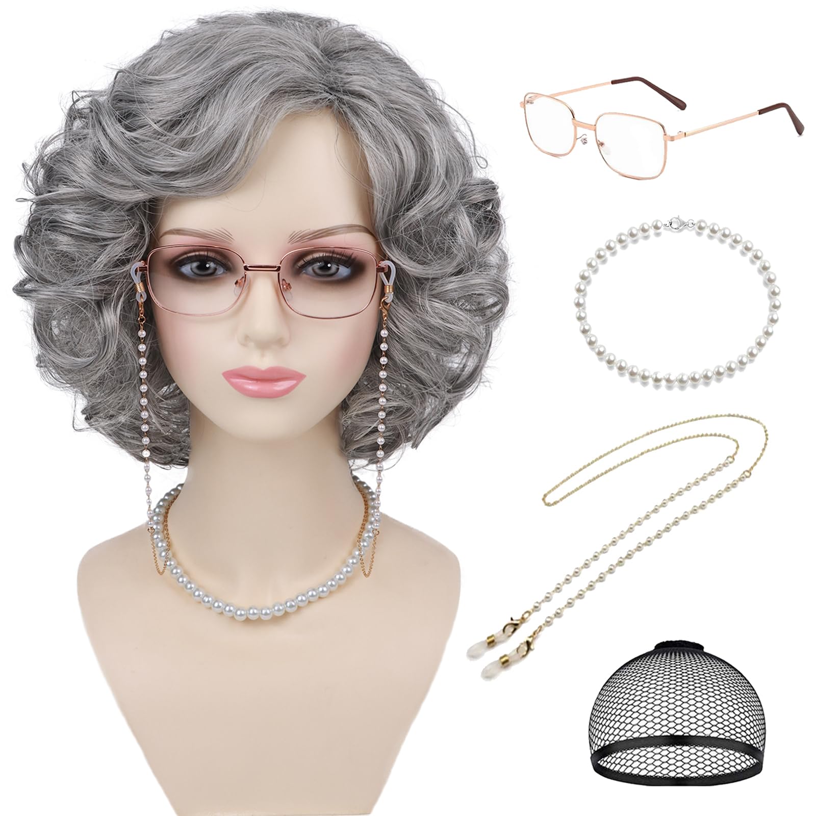 Granny Wig and Accessories 5pcs Set for Old Lady Costume Grandma Wigs for Cosplay Halloween Party Chriatmas Or Fun(Dark Grey)