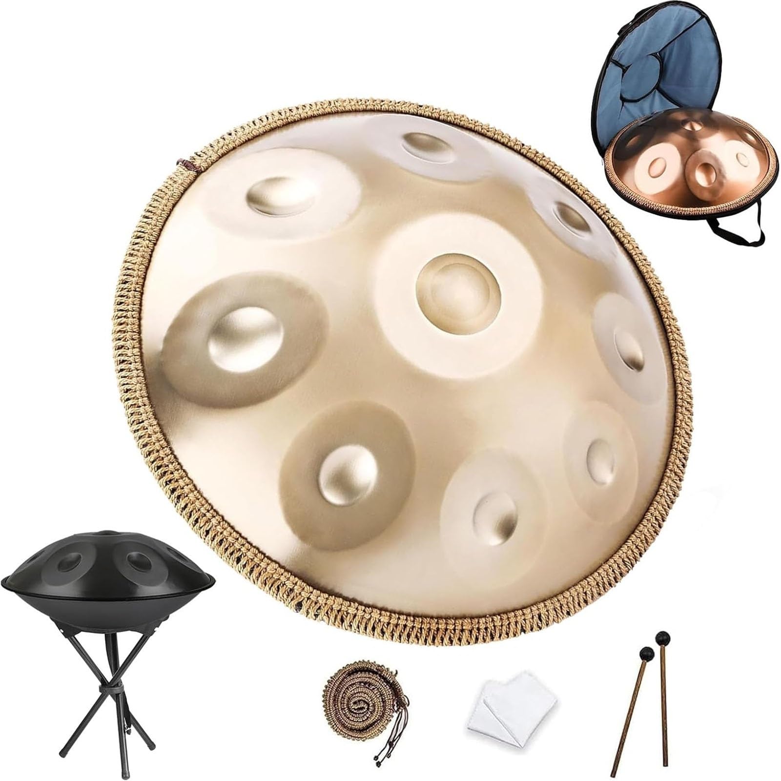 432hz 440Hz Steel Handpan Drum 9/10/12 Töne 56cm D-Moll-Handtrommel, Drum-Instrument Mit Schlägeln, Hand pan-Ständer & Tragetasche, für Erwachsene & Anfänger(Gold,440hz 9 Notes)