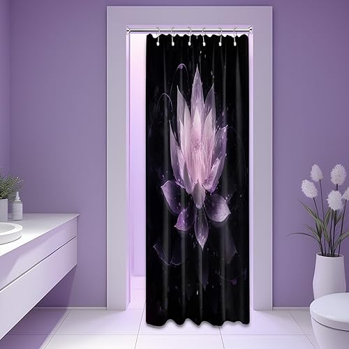 Miniatura 57 de Cortina de ducha negra y dorada con flores de loto amarillo dorado para juegos de decoración de baño, tela impermeable con ganchos, 70 x 72 pulgadas