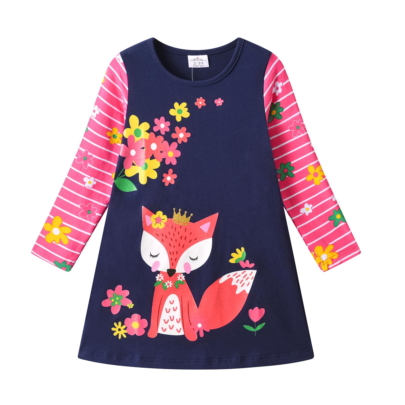 VIKITA Kids Girls Winter Long Sleeve Casual Cartoon Appliques Striped Dresses for 2-8 Years