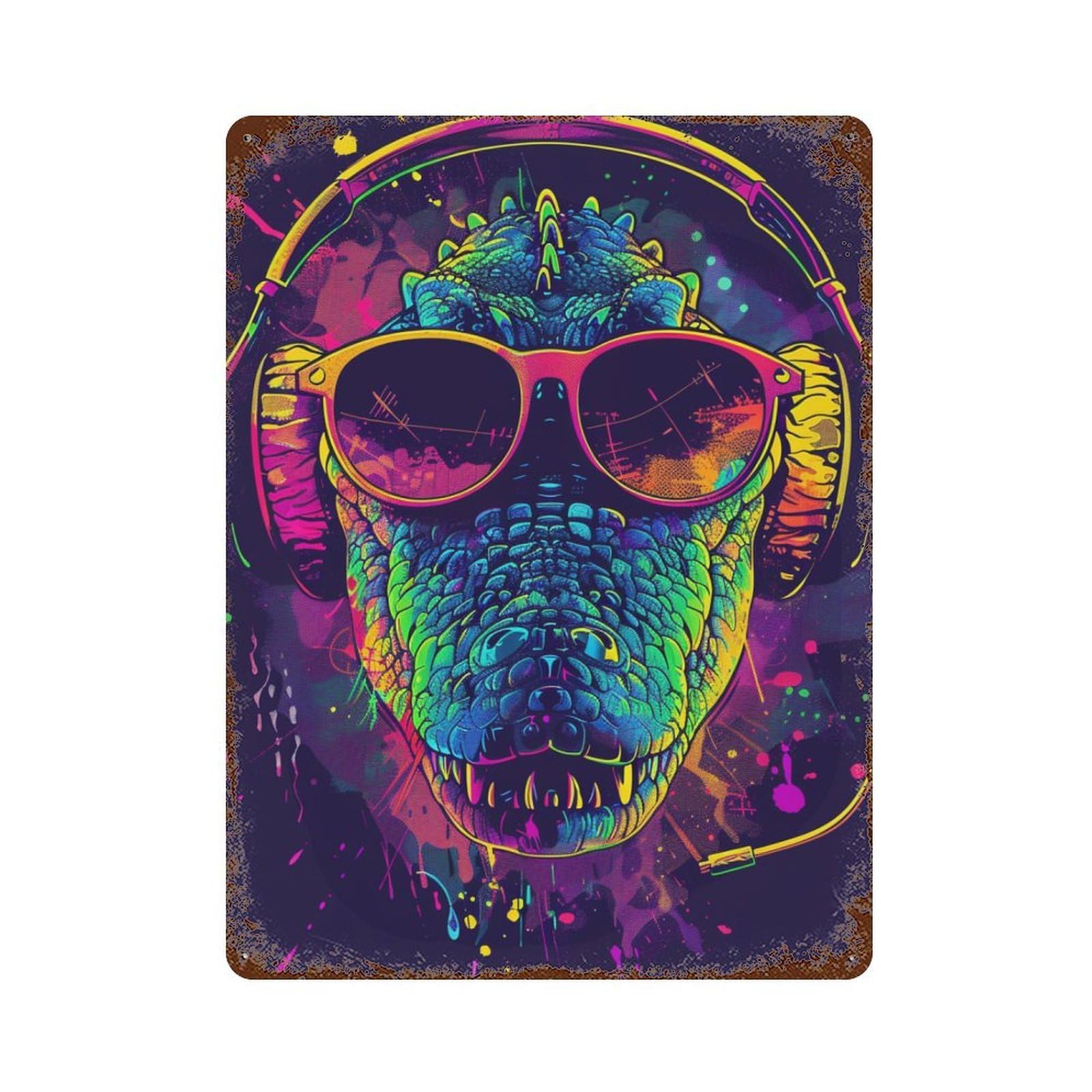 Vibrant Crocodile Headphones Artwork Rusty Metal Tin Sign 15.7"x11.8", for Shed, Workshop And Garage Wall Decor, Shabby Chic Decor