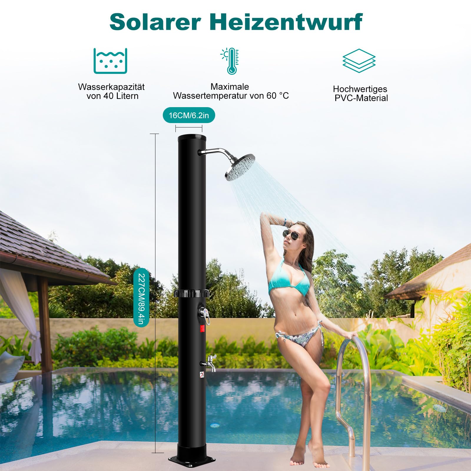 Solardusche Garten 40 Liter, Dusche Solar mit Duschkopf und Fußhahn, Ohne Stromanschluss, Warmes Wasser bis 60°C, Solardusche Outdoor mit Gartenschlauch-Anschluss für Garten, Pool