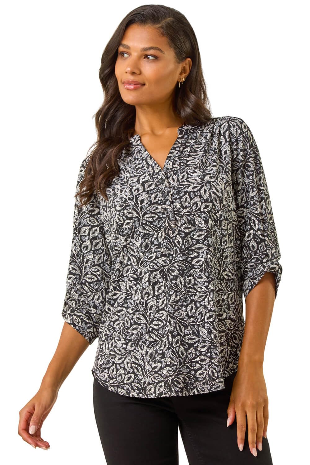 Roman Women's Black Printed V-Neck Stretch Top Size 20