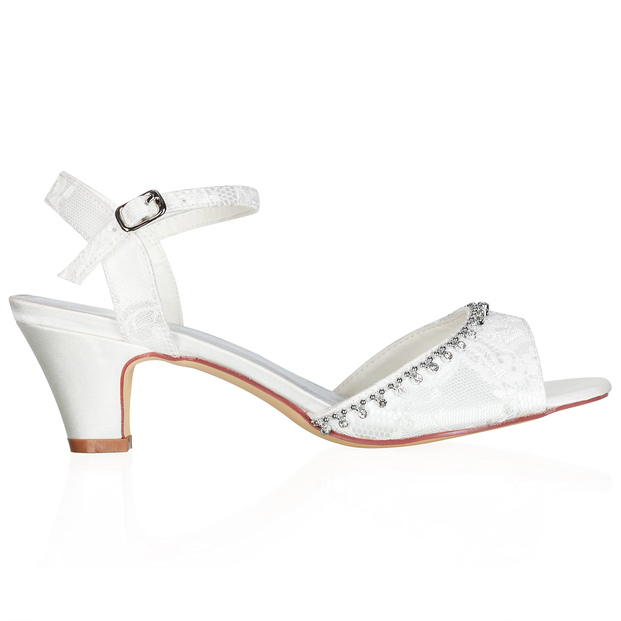 JIAJIA 8964 Zapatos de Novia para Mujer Peep Toe Bloque de 5 cm Tacón bajo Encaje Satén Bombas Sandalias Zapatos de Boda
