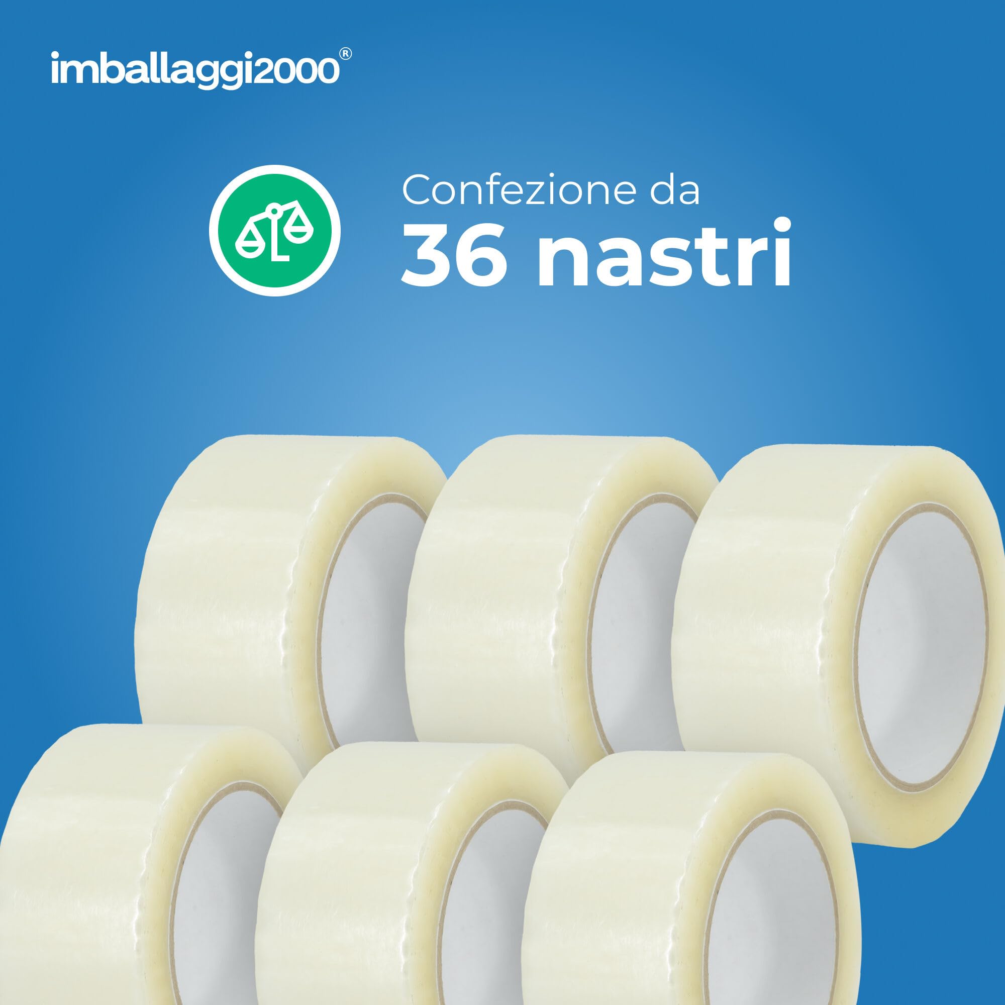 IMBALLAGGI 2000 - Nastro Adesivo Pacchi Trasparente Hot Melt Eco, 36 Pezzi 48mm x 180M, Imballaggio per Scatole, Cartoni, Scatoloni per Trasloco e Spedizioni Oggetti Pesanti Resistente e Extra Adesivo