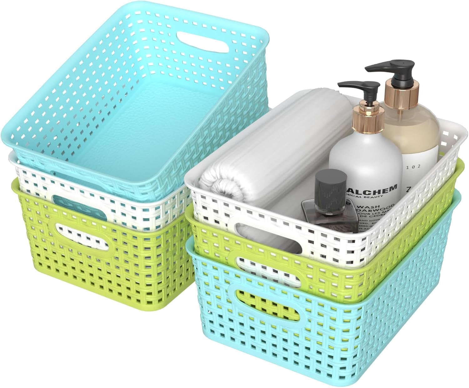 Xyskin 6-Pack Plastic Small Storage Weave Baskets, Nesting Shelf Basket for Cabinets and Pantry