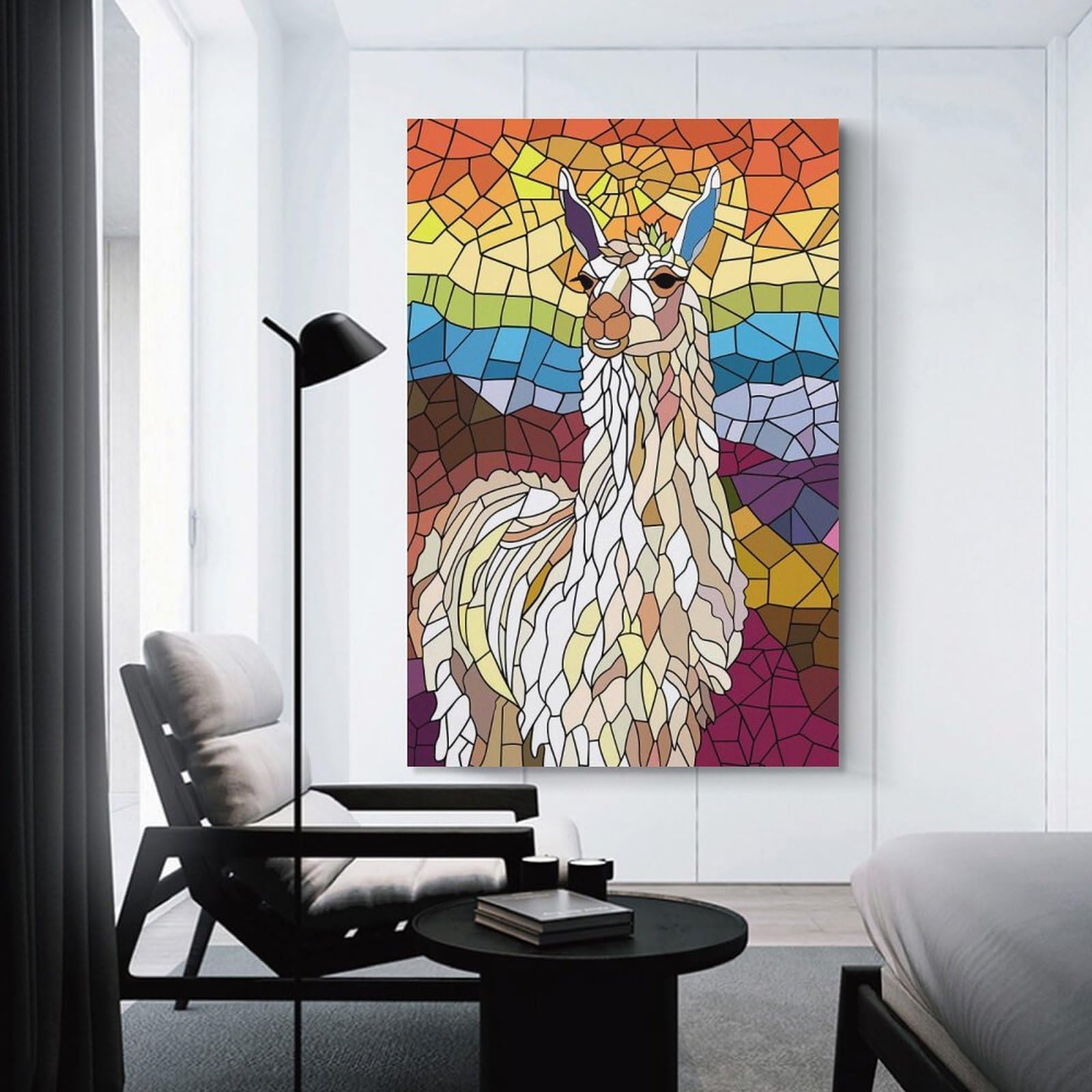 Junmoney Stained Glass Llama Portrait Decorative Canvas Print, 24x36inch(60x90cm), for Gallery Wall Decor And Room Displays, Wall Decor Suited to Curated Displays