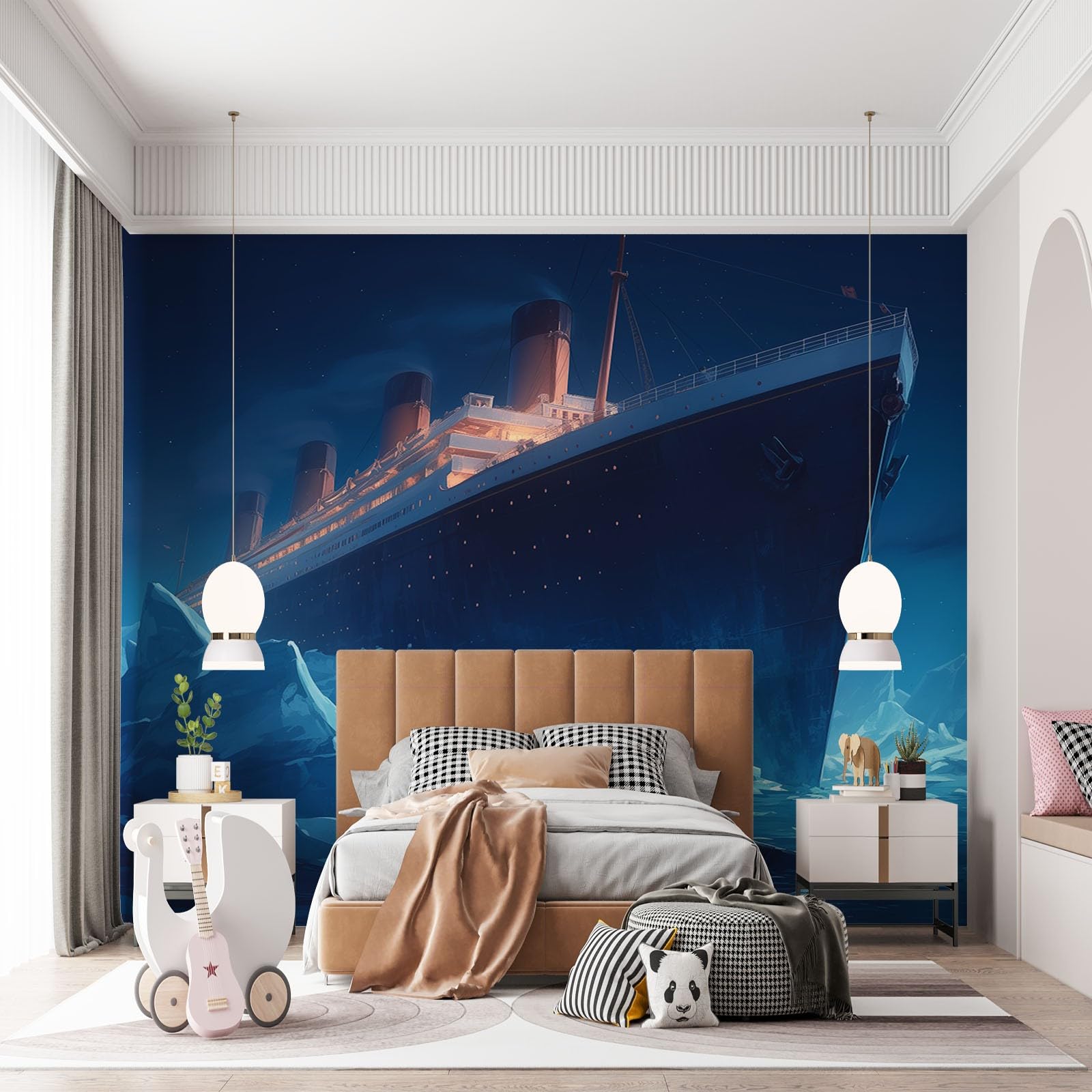Fototapeta na lodowiec i statek, ciemna fototapeta, 200 x 140 cm (szer. x wys.), fototapeta, sztuka ścienna, do salonu, sypialni, pokoju dziecięcego, korytarza