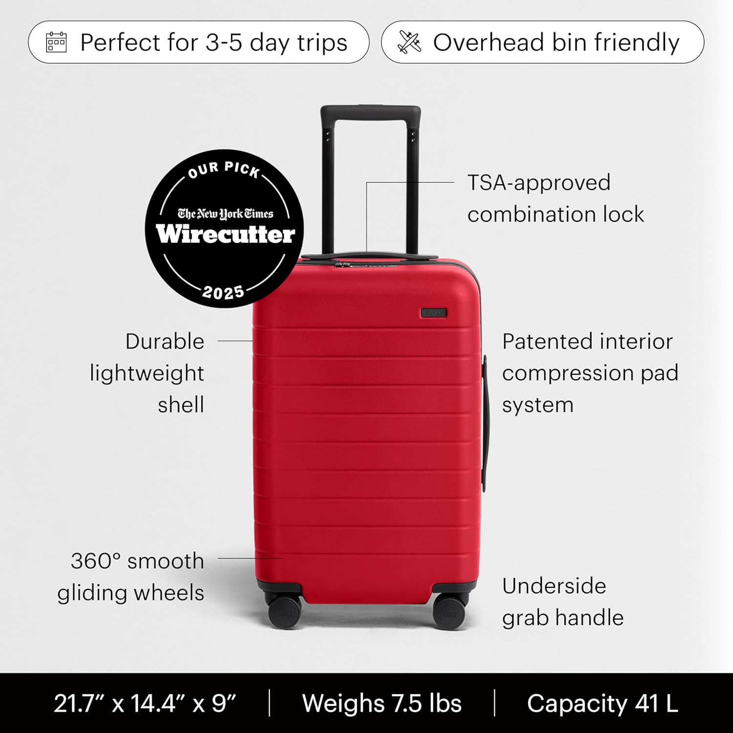 Away Carry-On Luggage - 22-Inch Lightweight Hardside Suitcase with 360° Spinner Wheels, Interior Compression System, TSA-Approved Lock - Cherry Red