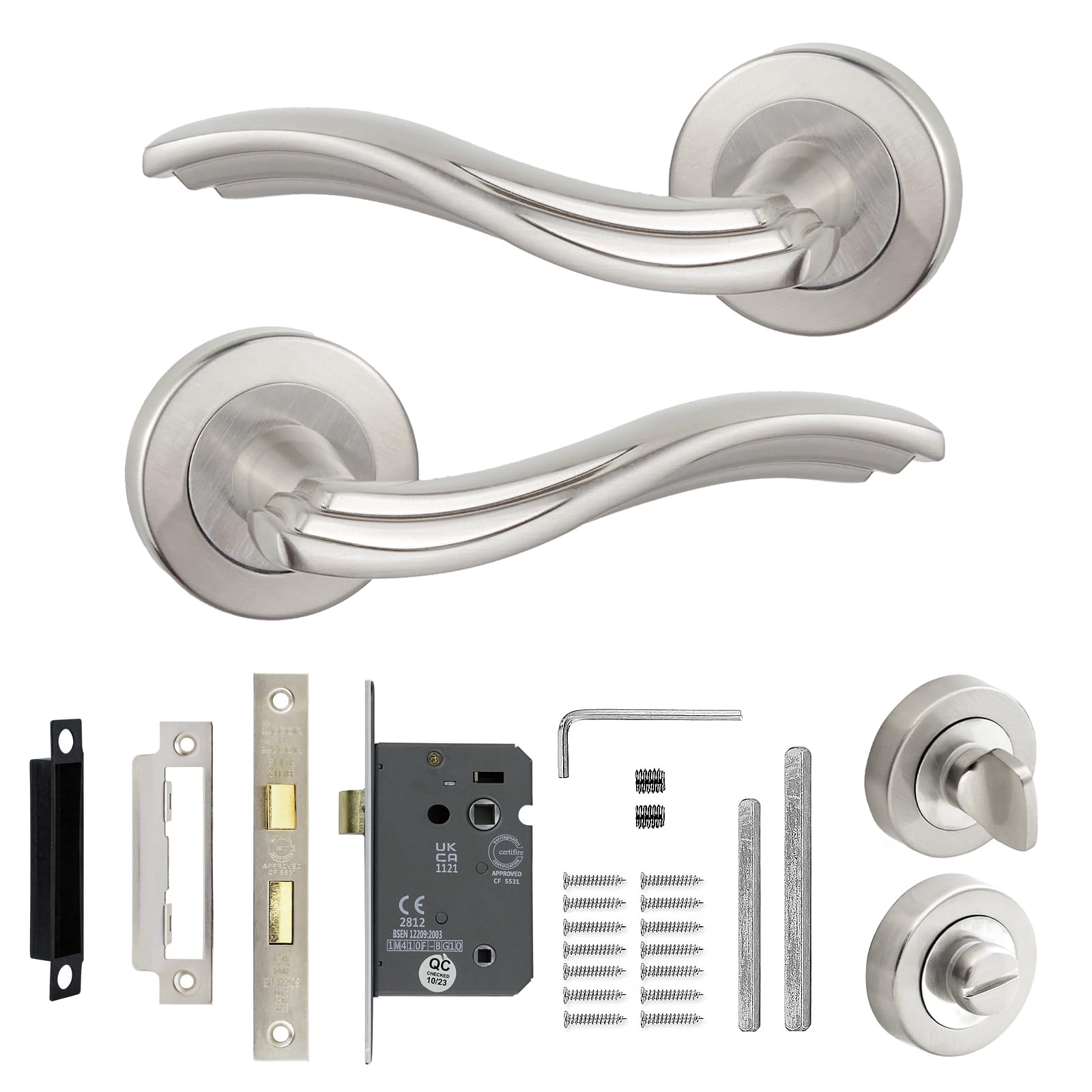 Decoranddecor Silver Internal Door Handles - Aluminium with Bathroom Lock and Turn and Release - Solace Range