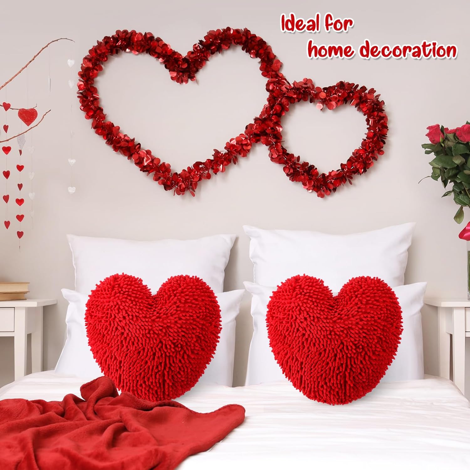 2 Pcs Valentine's Day Heart Shaped Pillow 14 Inch Heart Chenille Pillow Cushion Plush Soft Throw Cushion with Removable Cover for Sofa Couch Bed Women Valentine's Gifts(Red)