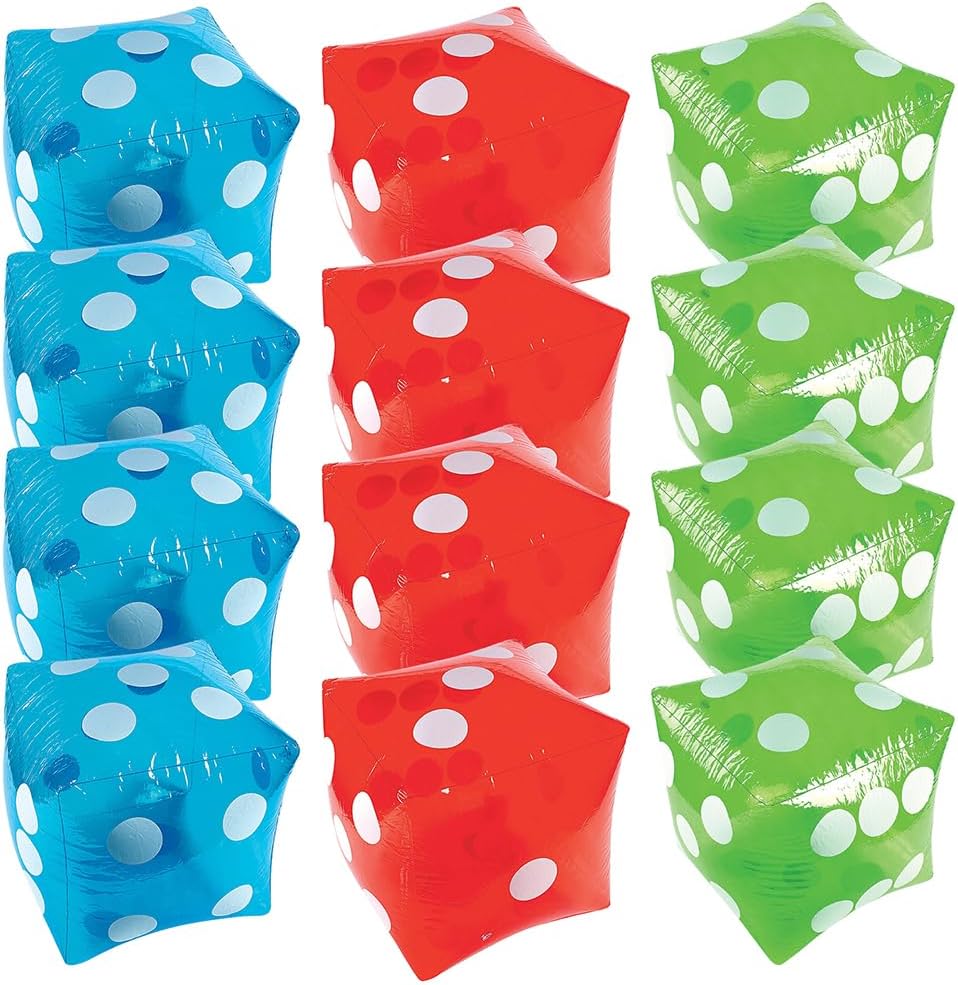 Fun Express 12 Jumbo Inflatable Transparent Dice - Assorted Colors (red, Green, Blue) - Size 16 inch