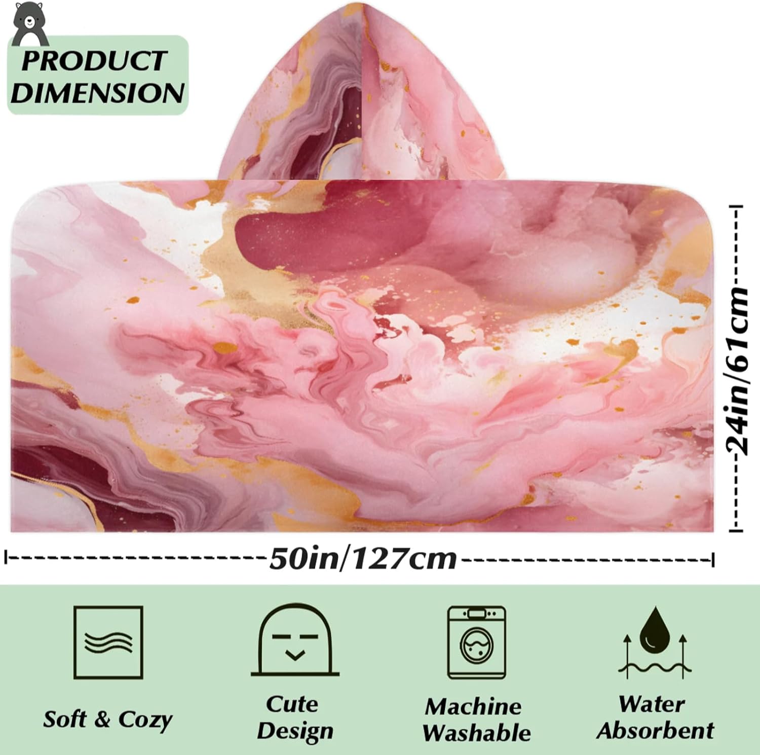 Pink Marble Print Hooded Towels for Kids Absorbent Soft Pool Swim Beach Bath Towel for Boys Girls, 24 in x 50 in