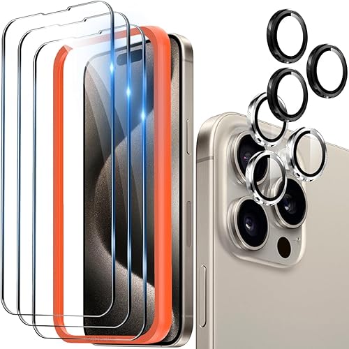 NEEPART Paquete de 3 + 2 protectores de pantalla para iPhone 15 Pro Max 6.7 pulgadas, paquete de 3 protectores de pantalla de vidrio templado + 2