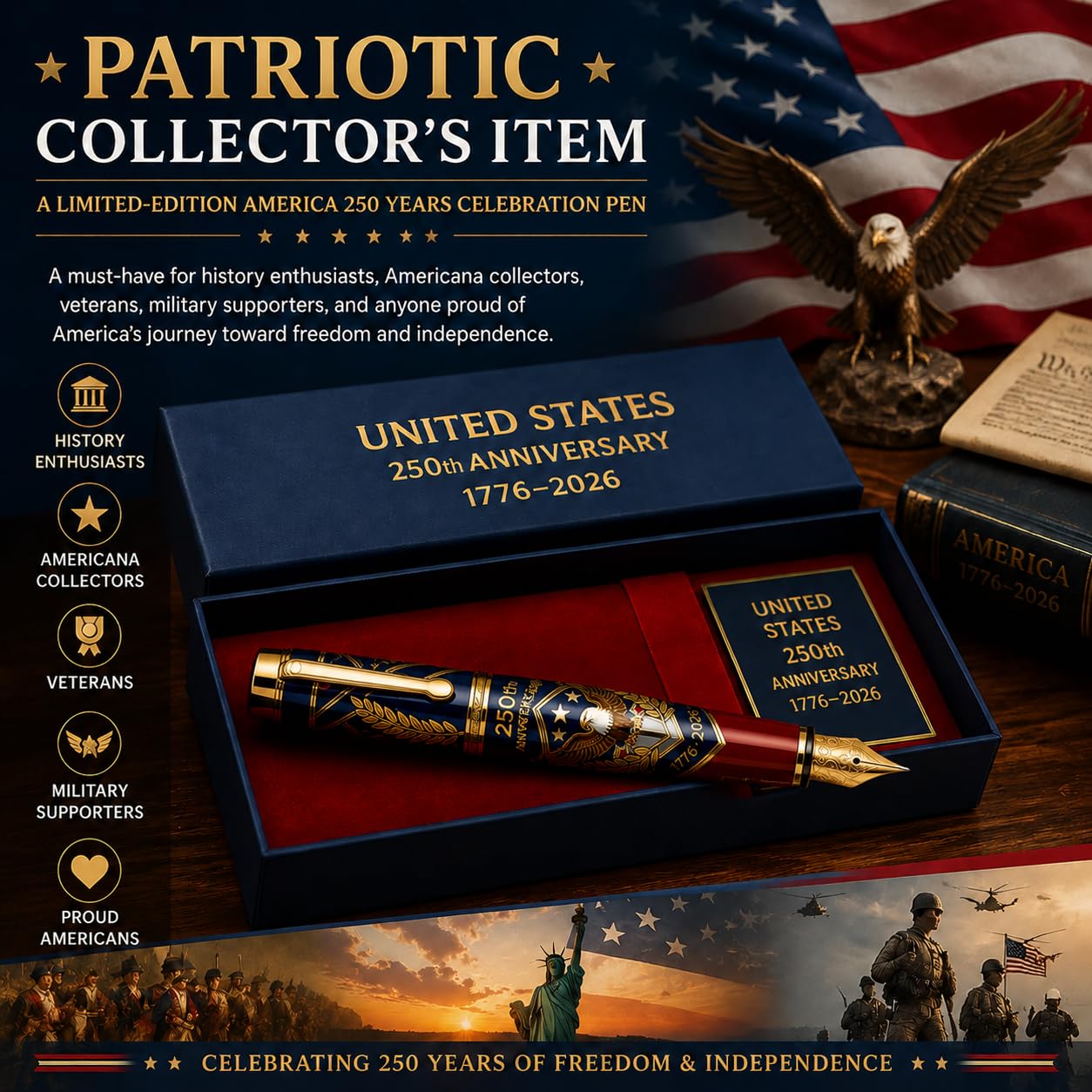 Penna a sfera commemorativa per il 250° anniversario, penna da collezione patriottica per il 4 luglio, celebrazione dell'indipendenza, ricordo americano dei 250 anni, edizione limitata 1776-2026