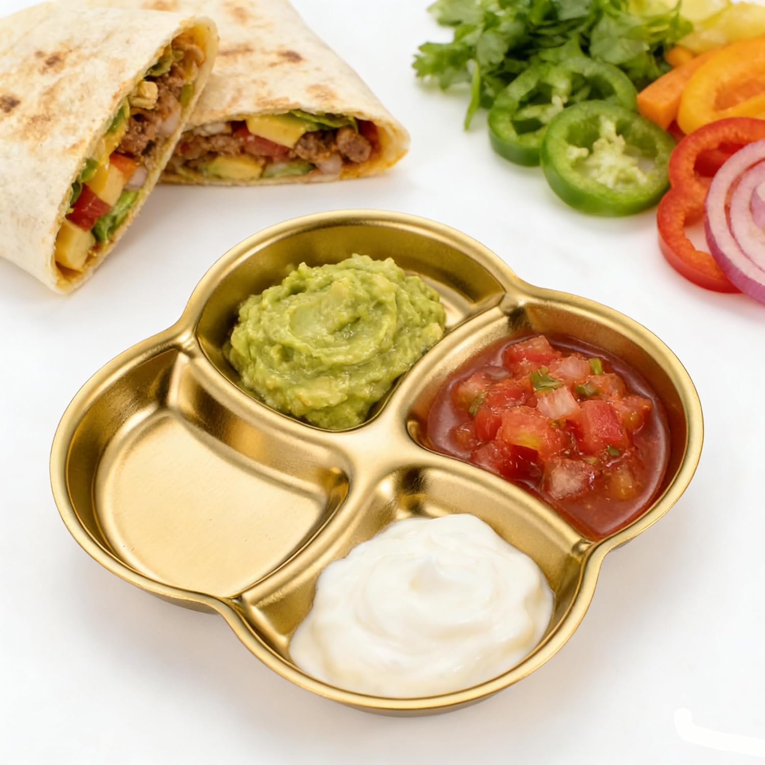 4 Pcs Soy Sauce Dish Stainless Steel Divided Dip Bowls Korean 4 Compartment Gold Sauce Plate Seasoning Dipping Condiment Tray for BBQ Vinegar Spice Salt Sugar Flavor Home Restaurant