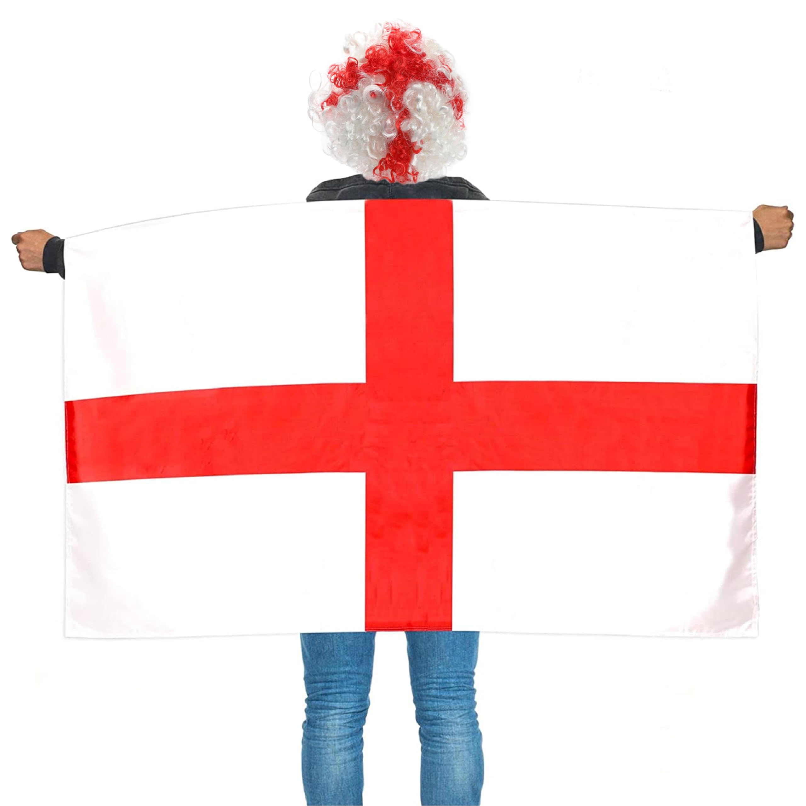 I LOVE FANCY DRESS England Supporters Set - English Flag Cape, English Flag Afro Wig - Football Rugby Sports Supporters Accessory Set