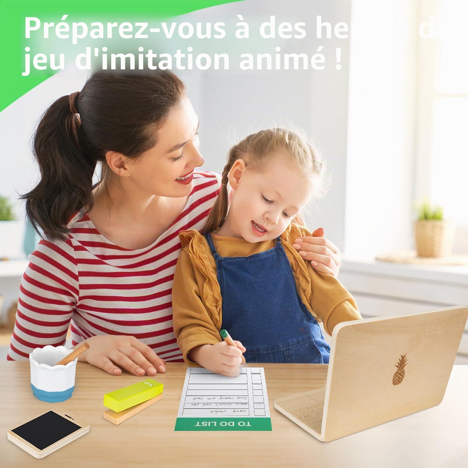 Set de Bureau en Bois pour Enfants,Jouets pour Enfants pour Jeux de Rôle | Ordinateur Portable et Téléphone, Souris, Tasse, Tampon pour Enfant de Maternelle, Cadeau Garcon Fille 3+ Ans