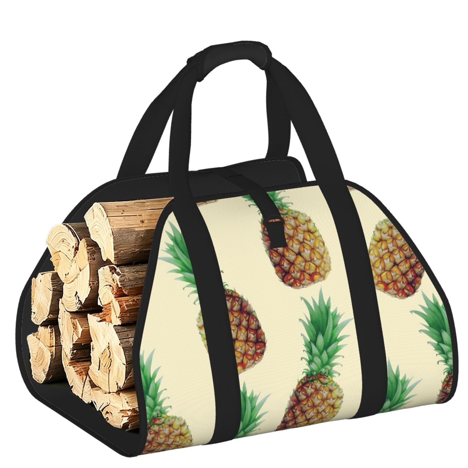 Pphgut Black Pineapples Print Firewood Bag Wood Carrier Transport Sack Camping Picnic Storage Daily Home
